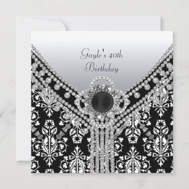 40th Birthday Party Black White Damask Diamond Invitation (Front)