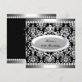 40th Birthday Party Black White Damask Pearl Invitation