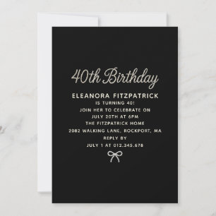 40th Birthday Party Black White Pearl Script Bow Invitation