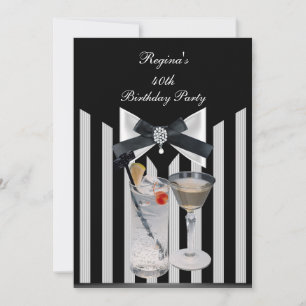 40th Birthday Party Black White stripe Bow tie Invitation