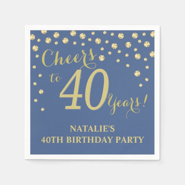 40th Birthday Party Blue and Gold Diamond Napkins (Front)