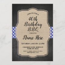 40th Birthday Party Blue Gingham Burlap BBQ Invite