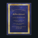 40th birthday party blue gold shiny invitation postcard<br><div class="desc">A trendy,  modern 40th birthday party invitation card for men,  guys,  male.   A dark blue,  navy blue background. The blue colour is uneven.  With a faux gold frame and golden confetti sprinkle,  golden coloured letters. Templates for your party information.
Back: plain postcard design.</div>