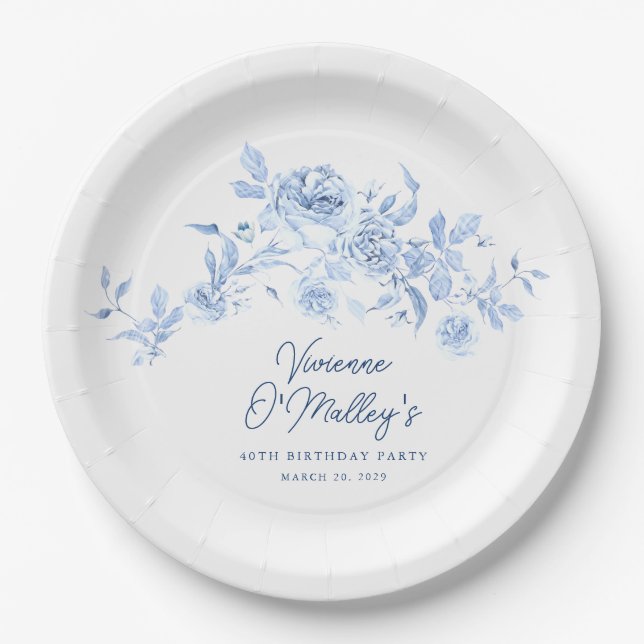 40th Birthday Party Blue Rose Floral Custom Paper Plate (Front)