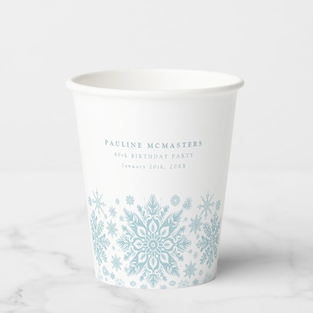40th Birthday Party Blue White Snowflake Custom Paper Cups (Front)