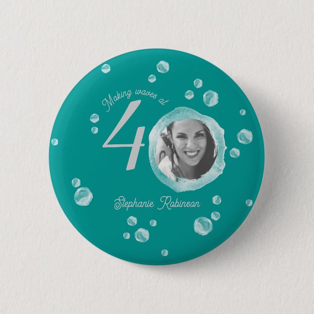 40th Birthday Party Bubble Dark Teal  2 Inch Round Button (Front)