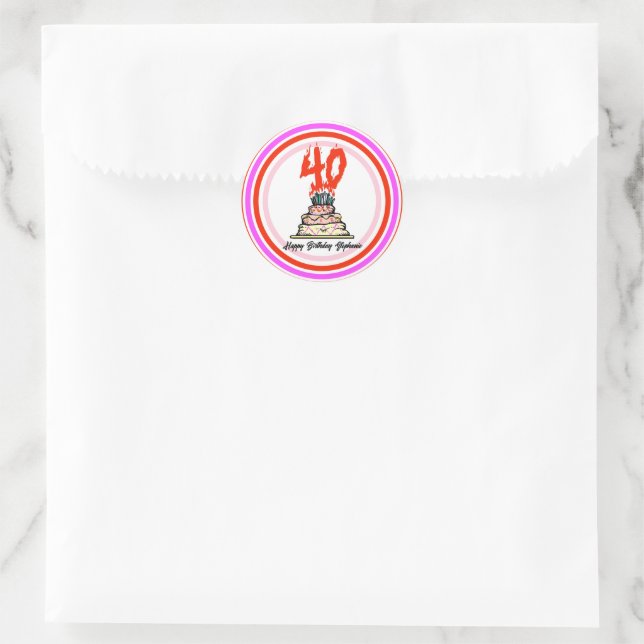 40th Birthday Party Cake on Fire Personalized  Classic Round Sticker (Bag)