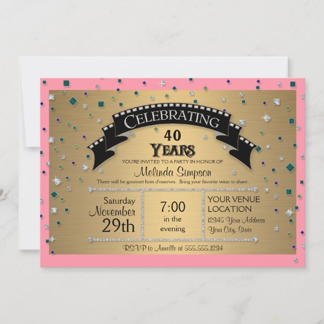 40th Birthday Party Celebrate Faux Jewel Confetti Invitation (Front)