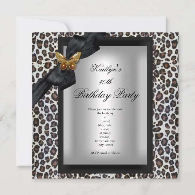 40th Birthday Party Cheetah Black Butterfly Invitation (Front)