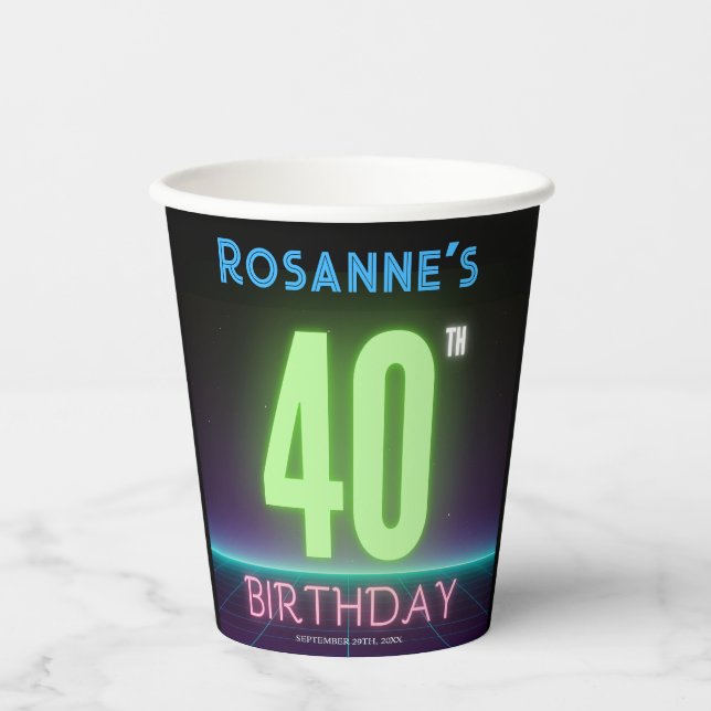 40th Birthday Party Cool Glowing Neon Sign Custom  Paper Cups (Front)
