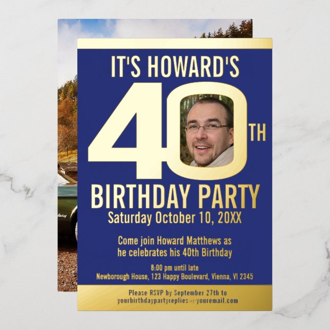 40th Birthday party dark blue gold foil photo (Front/Back)