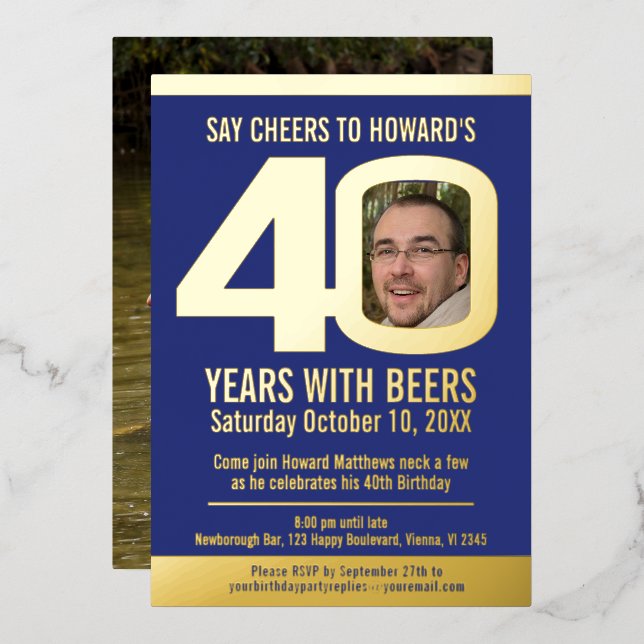 40th Birthday party dark blue gold foil photo beer (Front/Back)