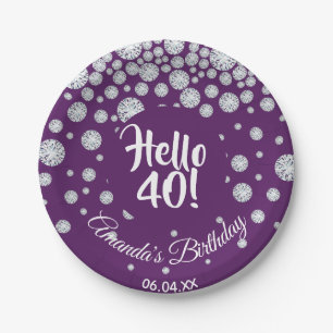 40th birthday party diamonds on purple hello 40 paper plate