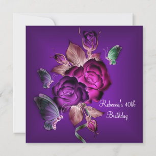 40th Birthday Party Elegant Purple Pink Roses 2 Invitation