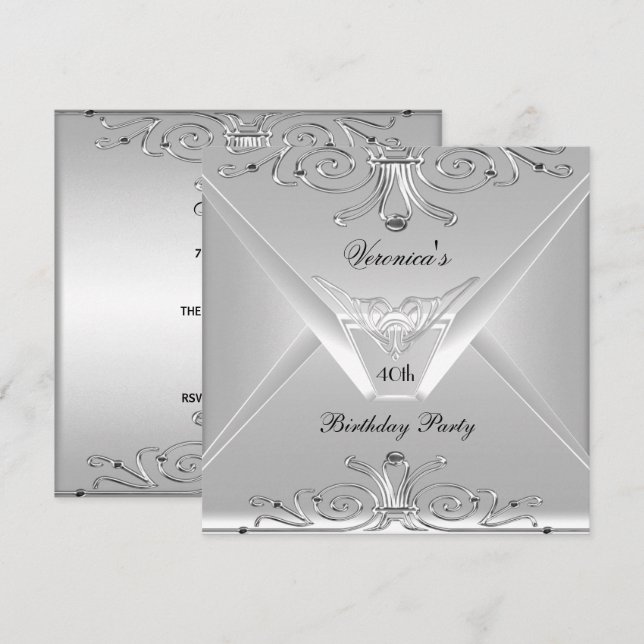 40th Birthday Party Elegant Silver Art Deco 2 Invitation (Front/Back)