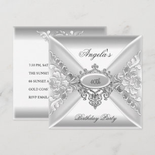 40th Birthday Party Elegant Silver White Jewel Invitation