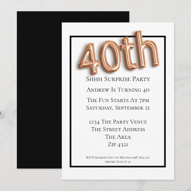 40th Birthday Party Faux 3d Gold Balloon Font Invitation (Front/Back)