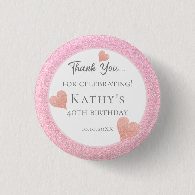40th Birthday Party Favours Pink Hearts 1 Inch Round Button (Front)