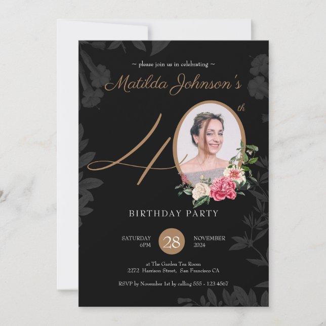 40th Birthday Party Floral Black Gold Classy Photo Invitation (Front)