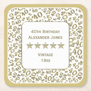 40th Birthday Party Gold and White Number Pattern Square Paper Coaster