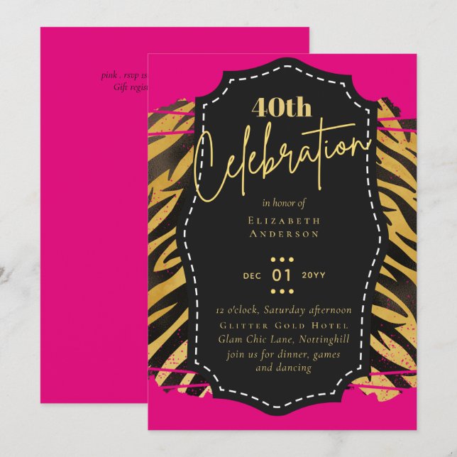40th Birthday Party Gold Animal Print Glitter Glam Invitation (Front/Back)