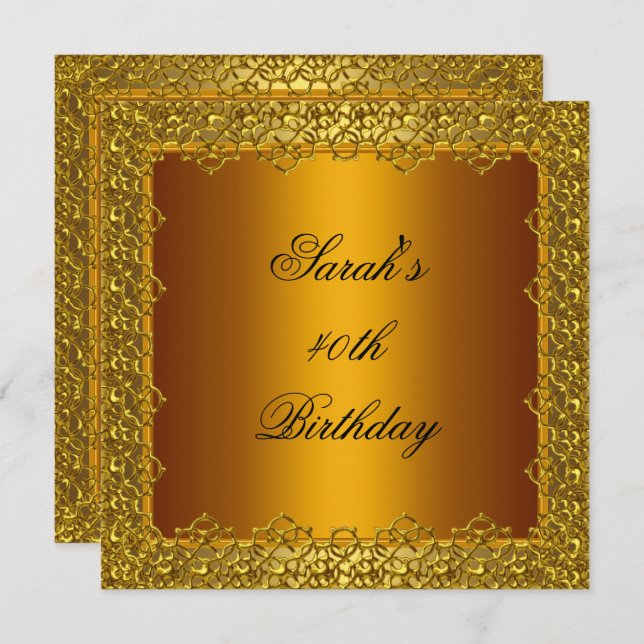 40th Birthday Party Gold Lace Frame Yellow Invitation (Front/Back)