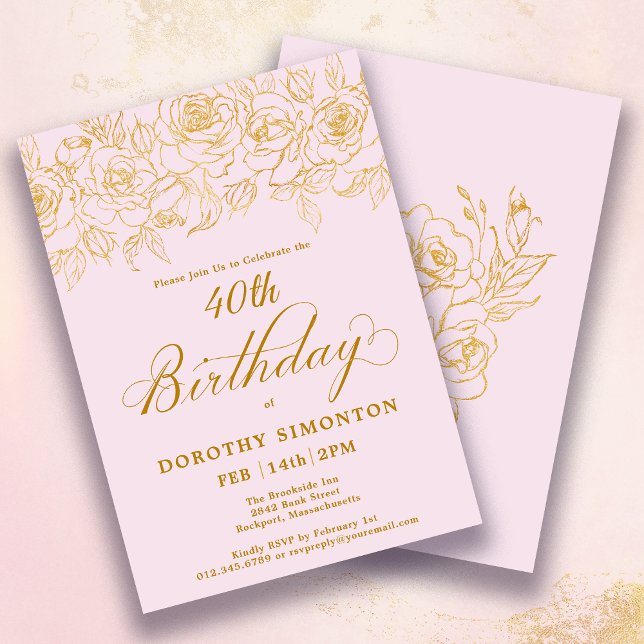 40th Birthday Party Gold Rose Floral Blush Pink Invitation (Creator Uploaded)