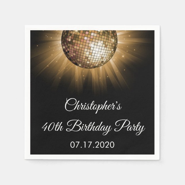 40th Birthday Party Gold Sparkle Disco Ball Napkin (Front)