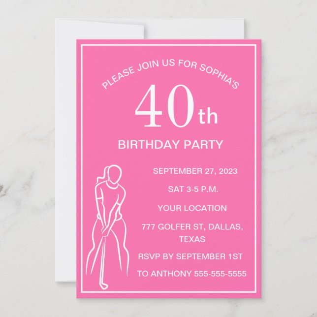 40th Birthday Party Golfer Pink Ladies Golf Par Invitation (Front)