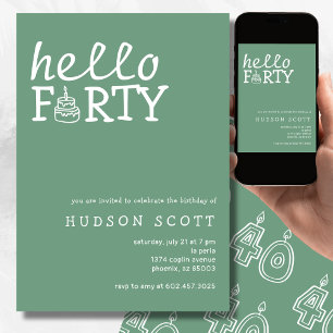  40th Birthday Party Hello Forty Modern Sage Green Invitation