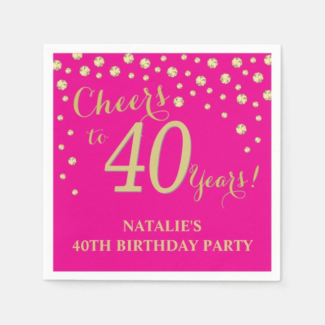40th Birthday Party Hot Pink and Gold Diamond Napkin (Front)