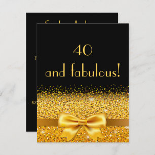 40th birthday party invitation black with gold bow