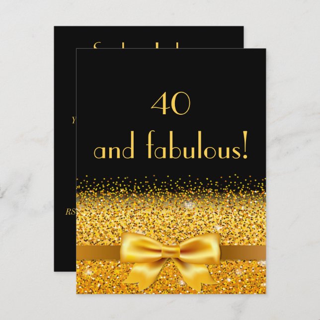 40th birthday party invitation black with gold bow (Front/Back)