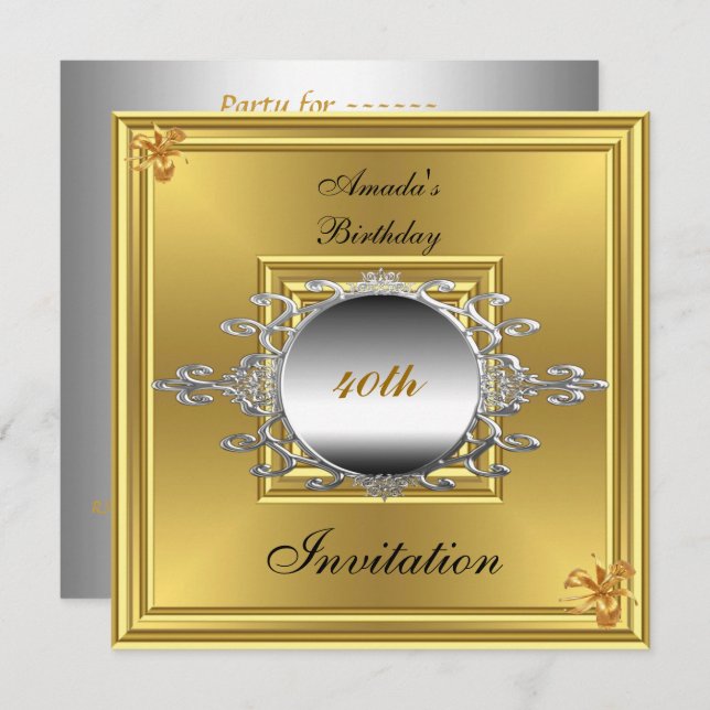 40th Birthday Party  Invitation Gold Silver (Front/Back)