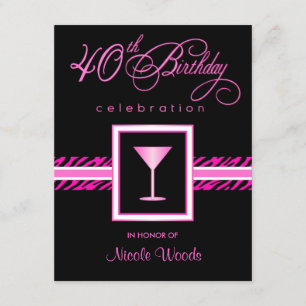 40th Birthday Party Invitations - Hot Pink Zebra