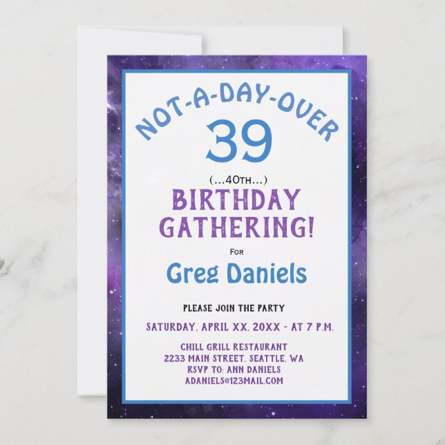 40th Birthday Party Invite - Forever 39 (Front)