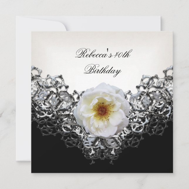 40th Birthday Party Lace Black White Flower Silver Invitation (Front)