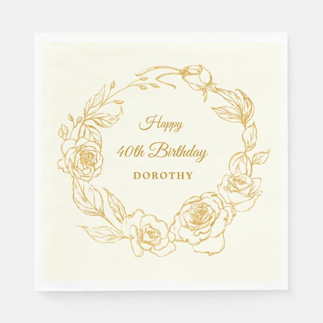 40th Birthday Party Luxe Gold Rose Ivory Cocktail Napkin (Front)