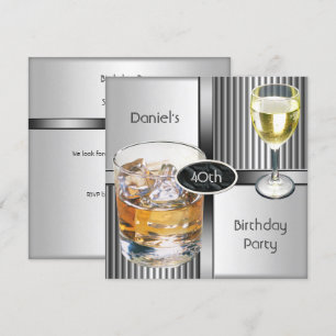 40th Birthday Party Mens Drinks Metal Black Silver Invitation