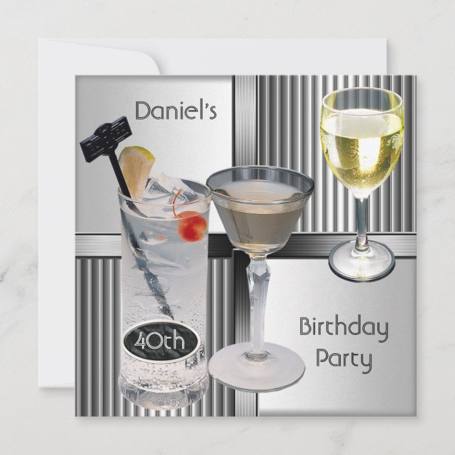 40th Birthday Party Mens Drinks Metal Black Silver Invitation (Front)