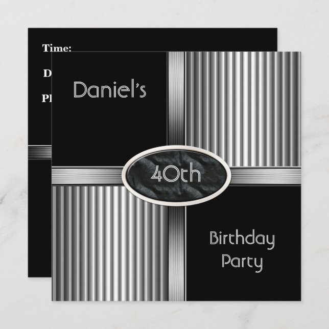 40th Birthday Party Mens Metal Black White Silver Invitation (Front/Back)