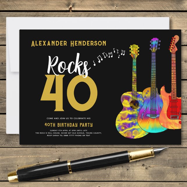 40th Birthday Party Music Guitar Rocks 40 Invitation (Rock and roll 40th birthday party black and gold invitation with name rock 40 and colorful guitars)