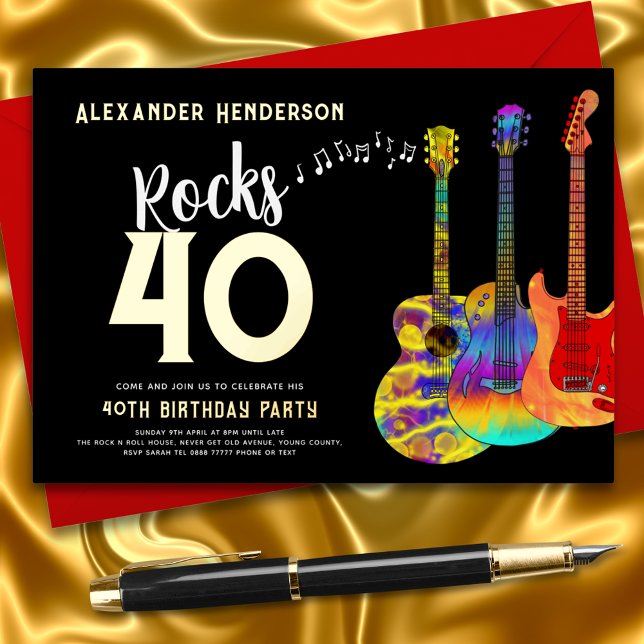 40th Birthday Party Music Rocks 40 Gold (Rock and roll 40th birthday party black and gold foil invitation)