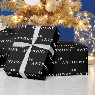 40th Birthday Party Name Black Modern Pattern Wrapping Paper