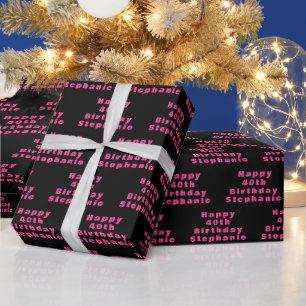40th Birthday Party Name Black Pink Modern Pattern Wrapping Paper