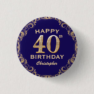40th Birthday Party Navy Blue and Gold Glitter 1 Inch Round Button