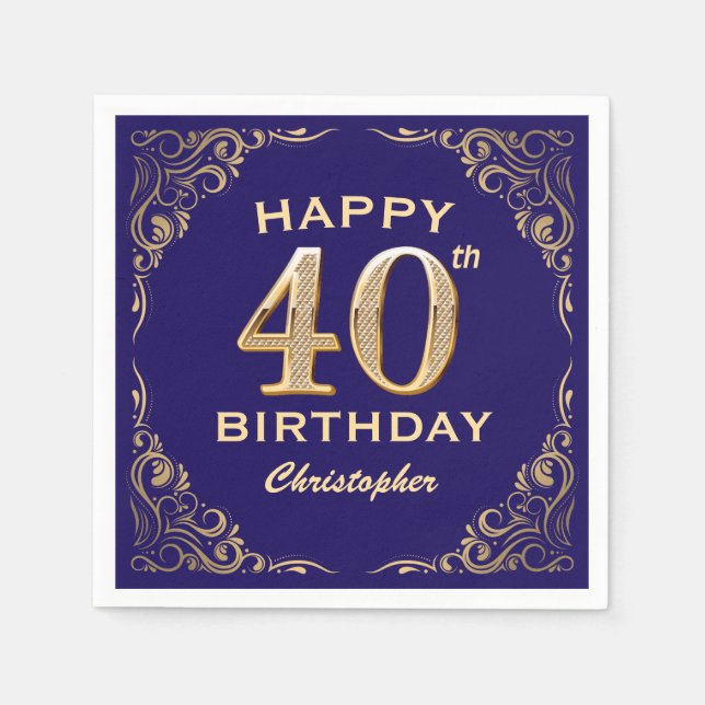 40th Birthday Party Navy Blue and Gold Glitter Napkin (Front)