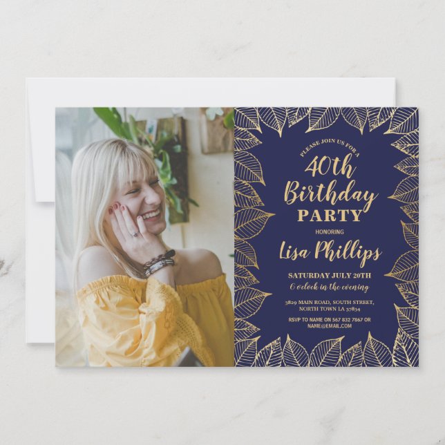 40th Birthday Party Navy Gold Fall Autumn Photo Invitation (Front)