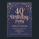 40th Birthday Party - Navy & Rose Gold Invitation<br><div class="desc">40th Birthday Party Invitation.
Elegant design in navy blue and faux glitter rose gold. Features stylish script font and confetti. Message me if you need custom age.</div>
