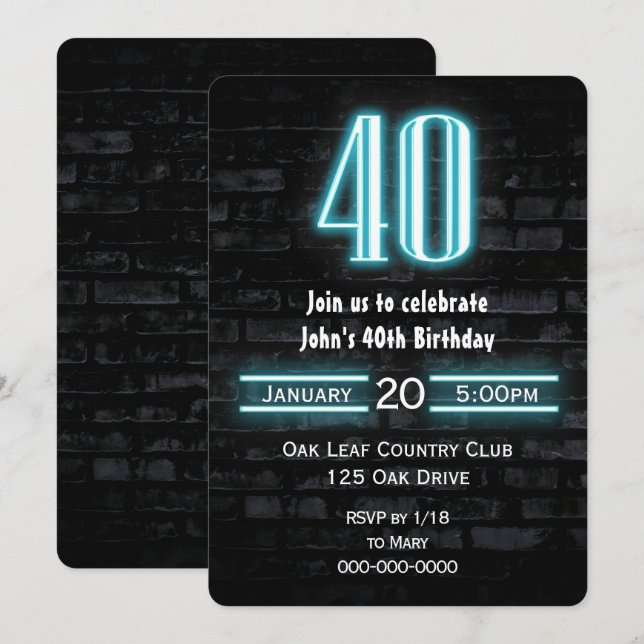 40th Birthday Party Neon Sign on Brick  Invitation (Front/Back)